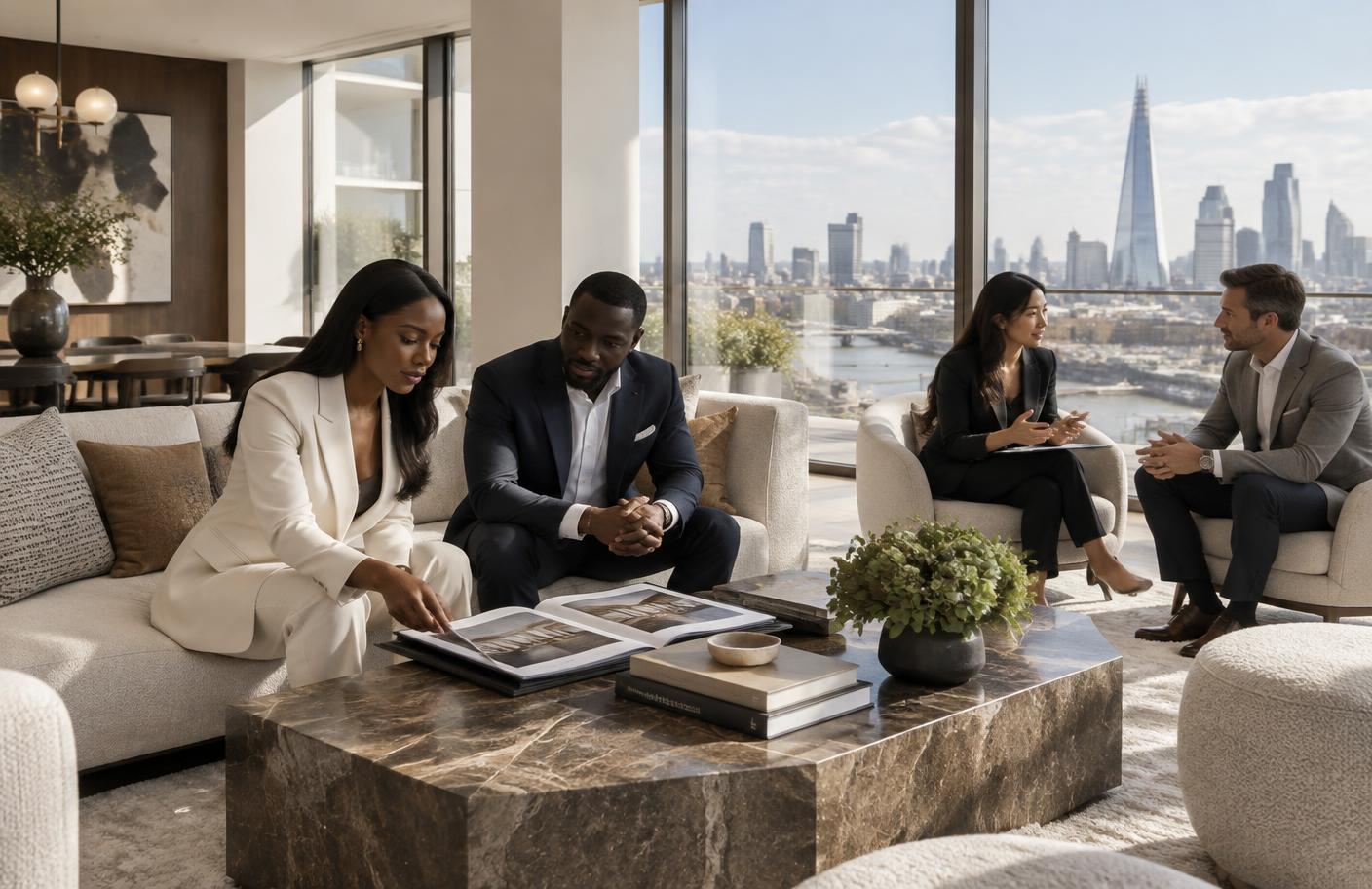Property investors reviewing a portfolio in a contemporary London interior